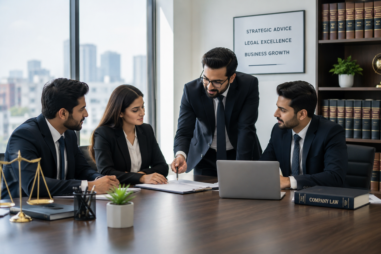 Professional legal consulting team meeting with clients